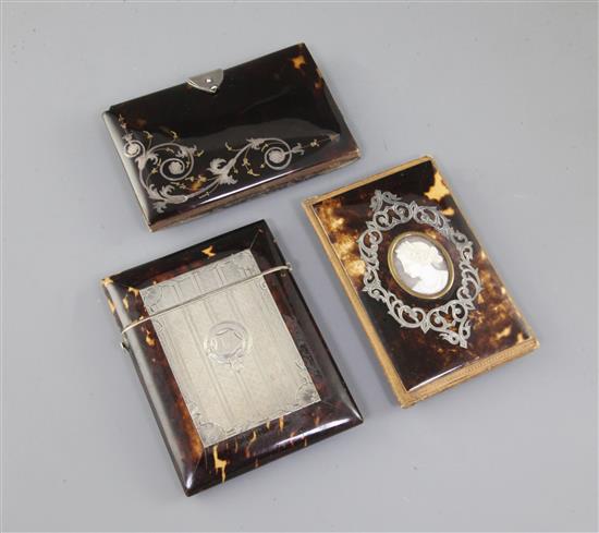 Three Victorian tortoiseshell and silver inlaid card cases, 10.5cm